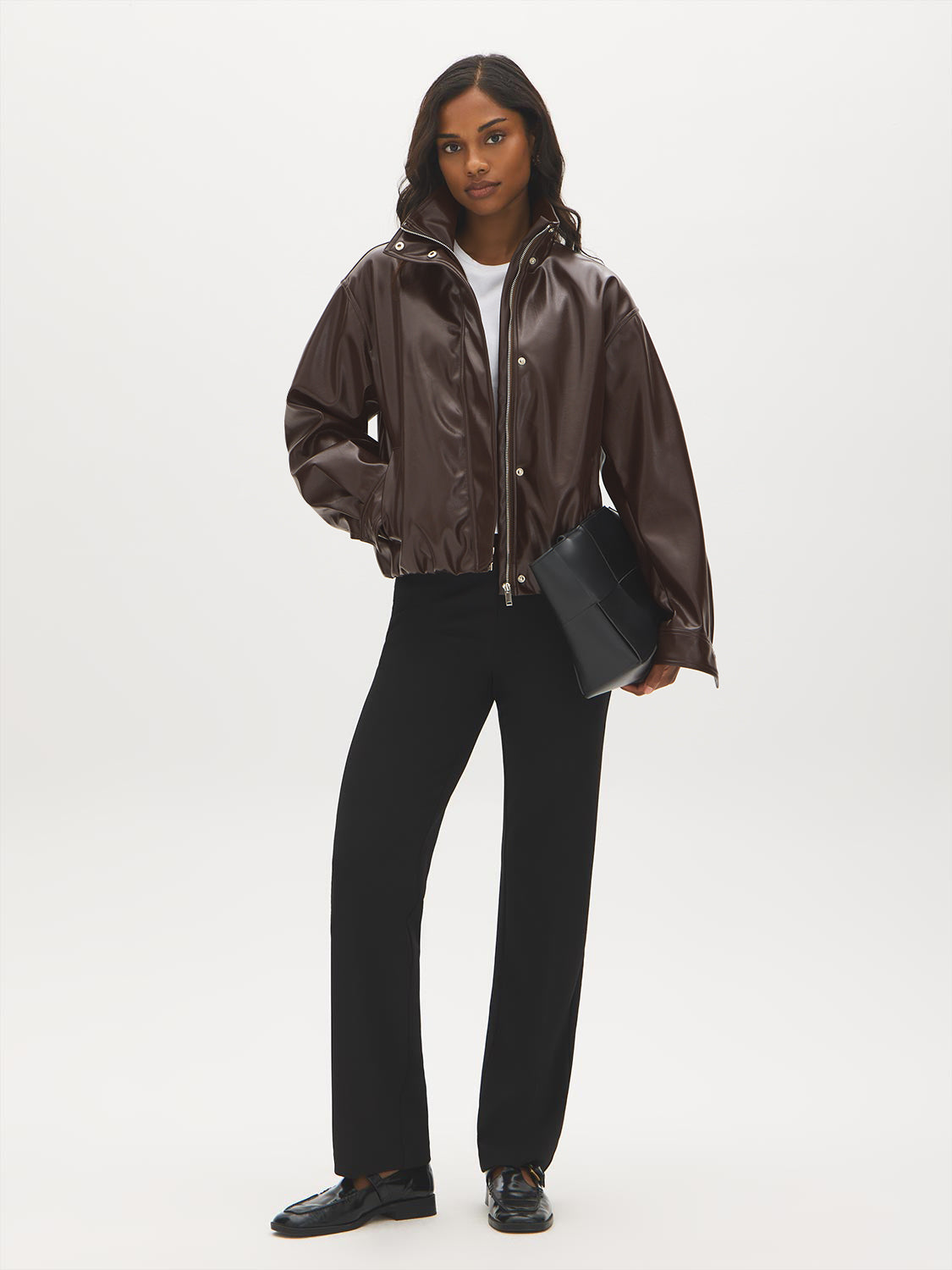 Brown Vegan Leather Bomber Jacket with Funnel Neck - Front View - Suzy Shier