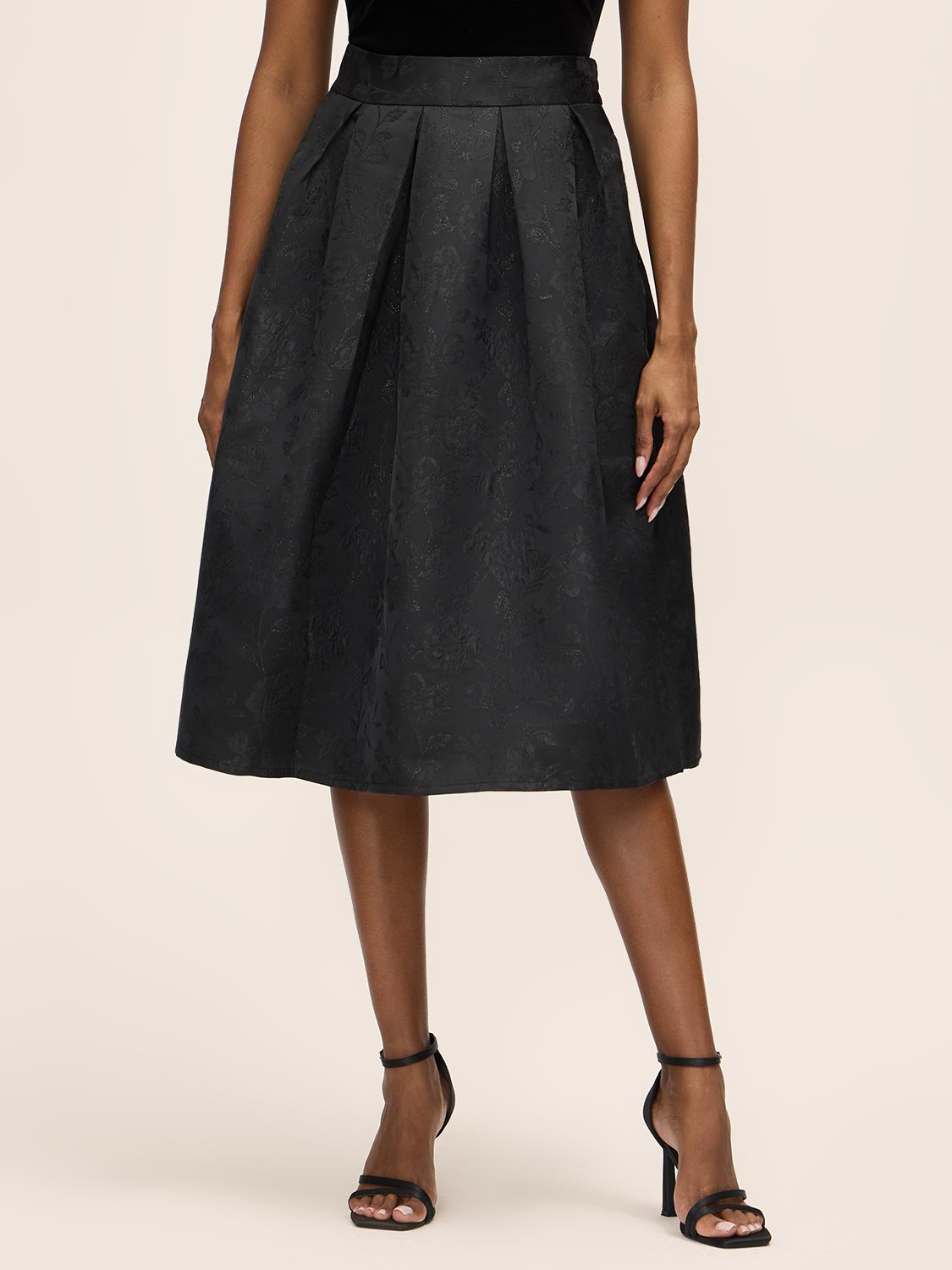 Black Floral Jacquard Midi Skirt with Box Pleats - Front View - Le Chateau