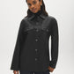 Black Textured Faux Leather Jacket with Patch Pockets - Woman Wearing Casual Outerwear - Suzy Shier