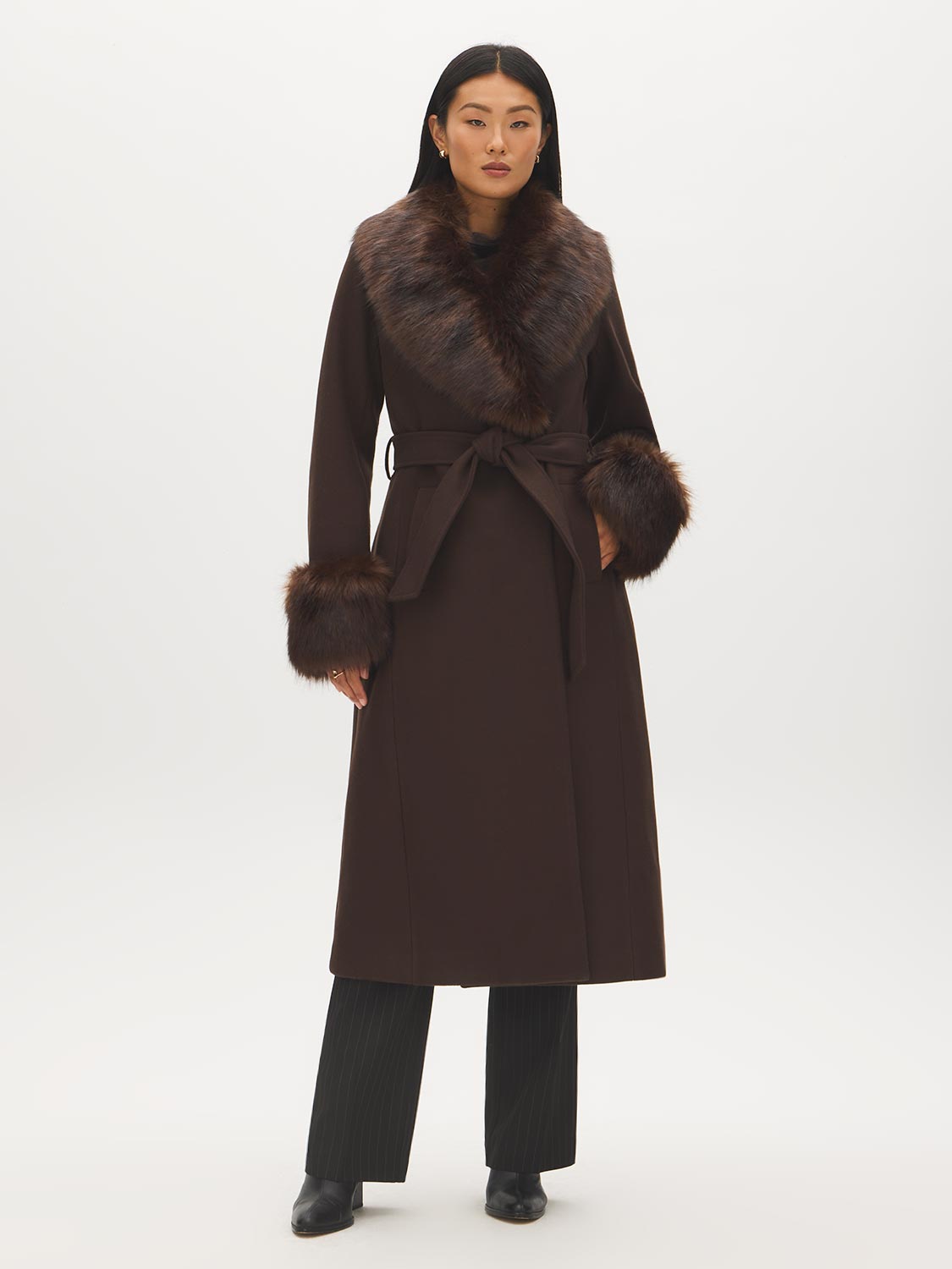 Dark Brown Melange Long Belted Faux Wool Coat - Front View - Suzy Shier