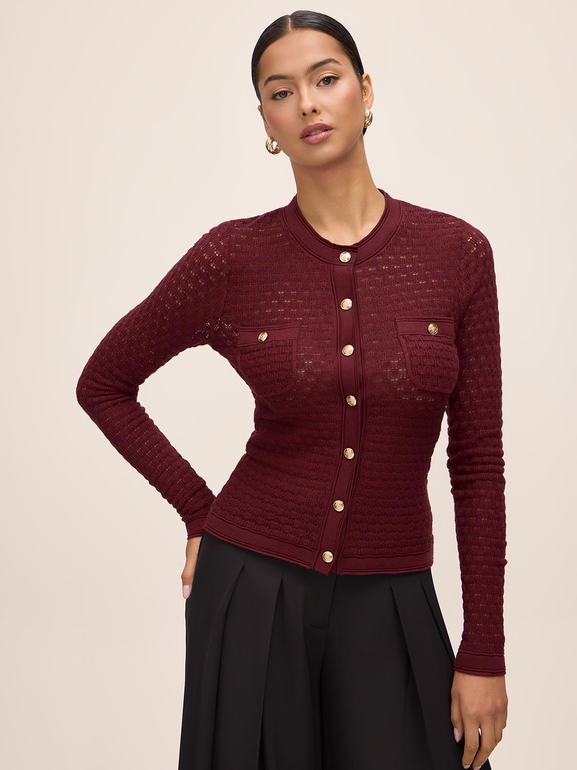 Bordeaux Pointelle Gold Button Cardigan - Front View - Le Chateau