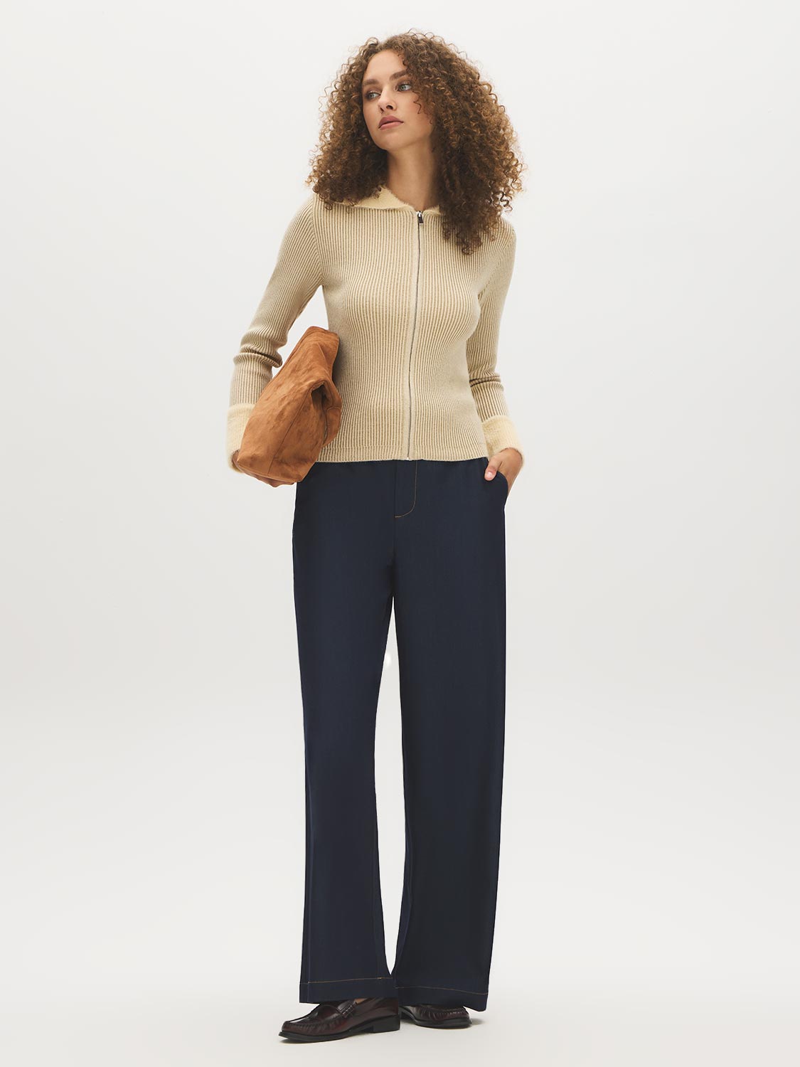 Tan/Taupe Two-Tone Ribbed Knit Sweater - Front View - Suzy Shier