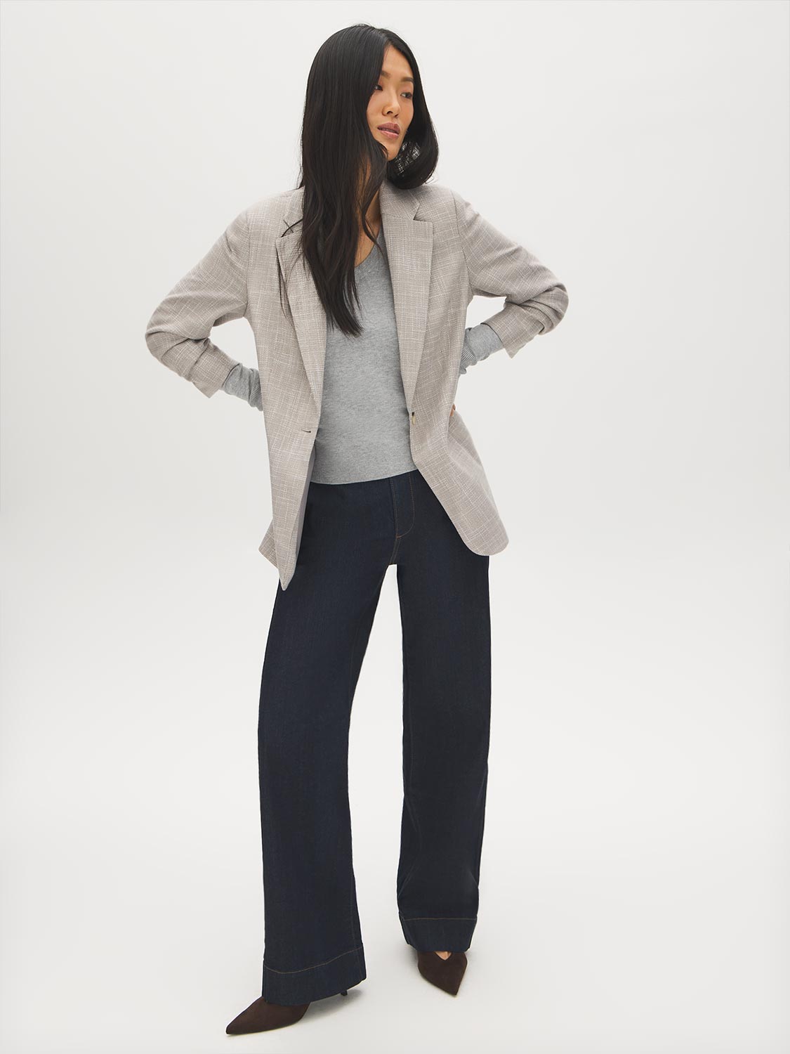 Driftwood Ruched Sleeve One-Button Blazer - Full Body View - Suzy Shier