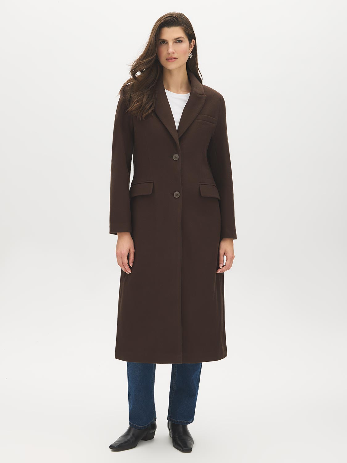 Brown Single-Breasted Wool Blend Long Coat - Woman Wearing Tailored Longline Outerwear - Suzy Shier