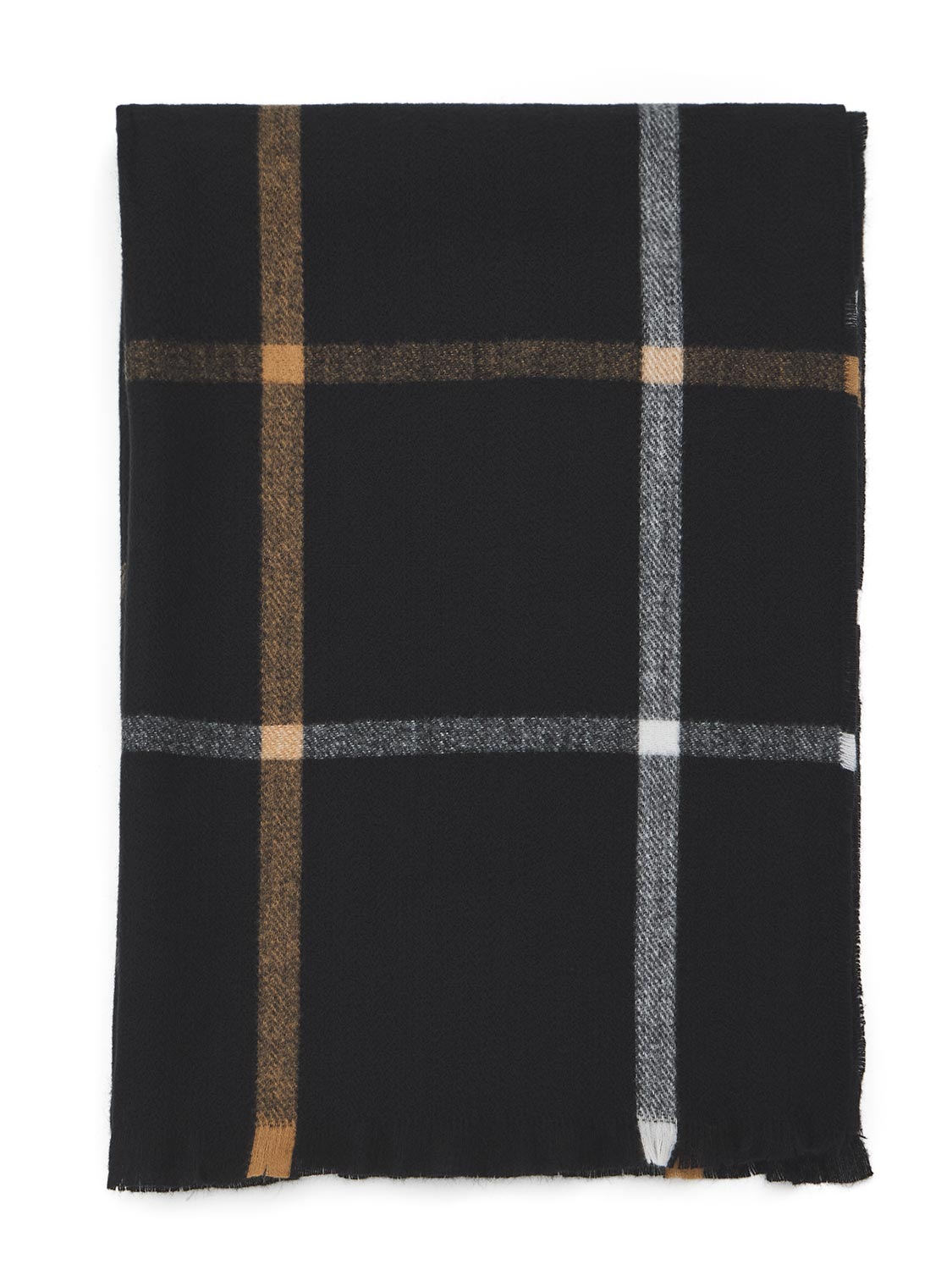 Black/White/Camel Brushed Grid Pattern Scarf - Close-up Fringe Detail - Suzy Shier