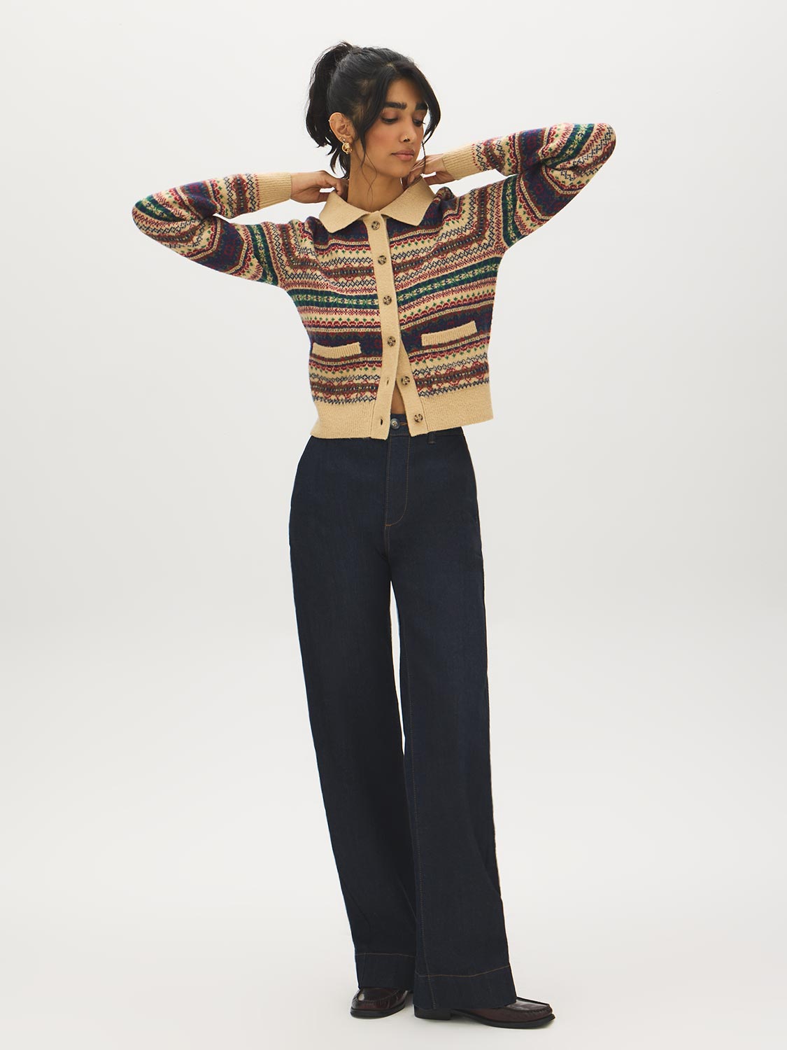 Green/Blue/Beige Multi-Color Jacquard Button-Front Sweater - Front View - Suzy Shier