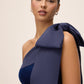 Midnight Blue One Shoulder Velour Gown with Satin Bow - Shoulder Detail - Le Chateau