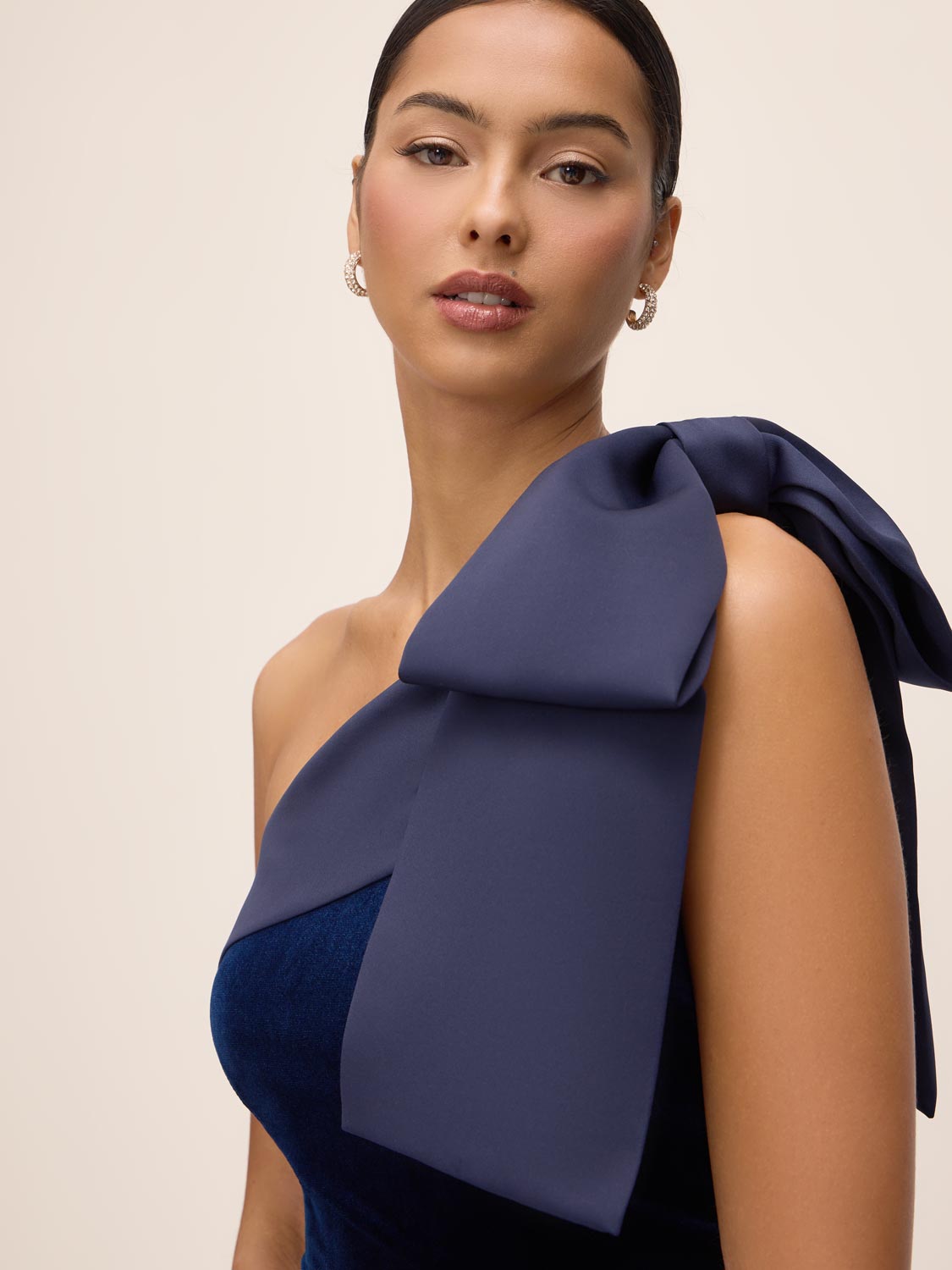 Midnight Blue One Shoulder Velour Gown with Satin Bow - Shoulder Detail - Le Chateau
