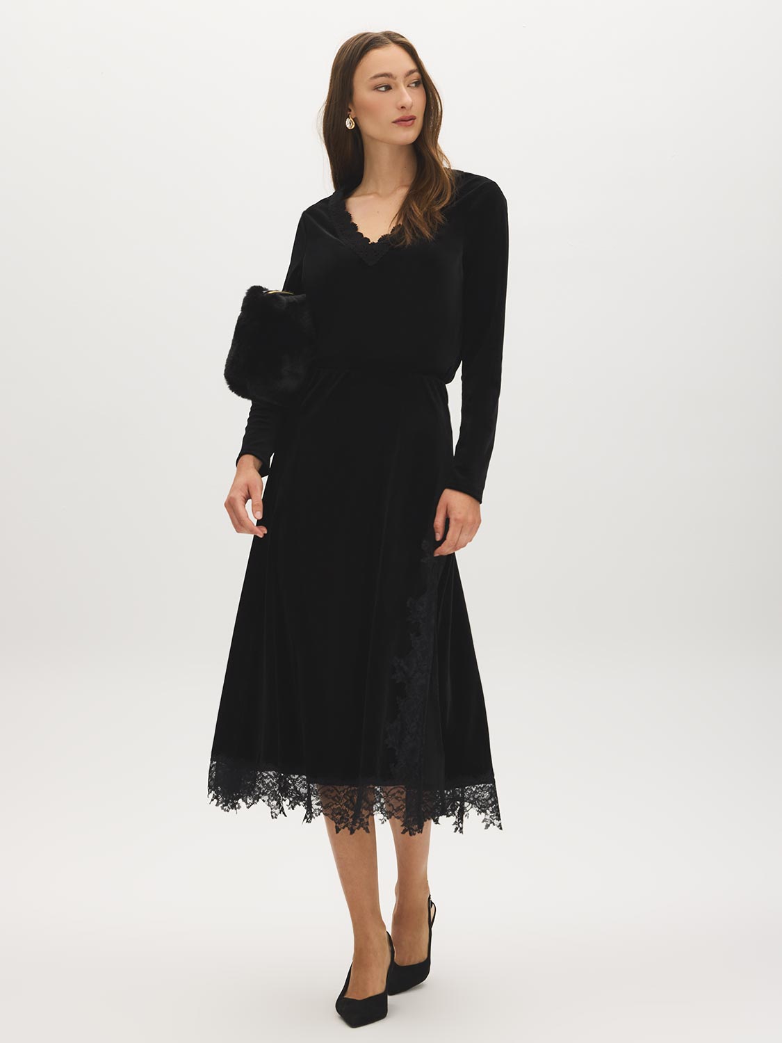 Black Lace Trim Velour Skirt with Front Slit - Woman Wearing Elegant Pull-On Skirt - Suzy Shier