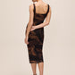 Toffee and Black Ruched Floral Print Midi Dress - Back View - Le Chateau