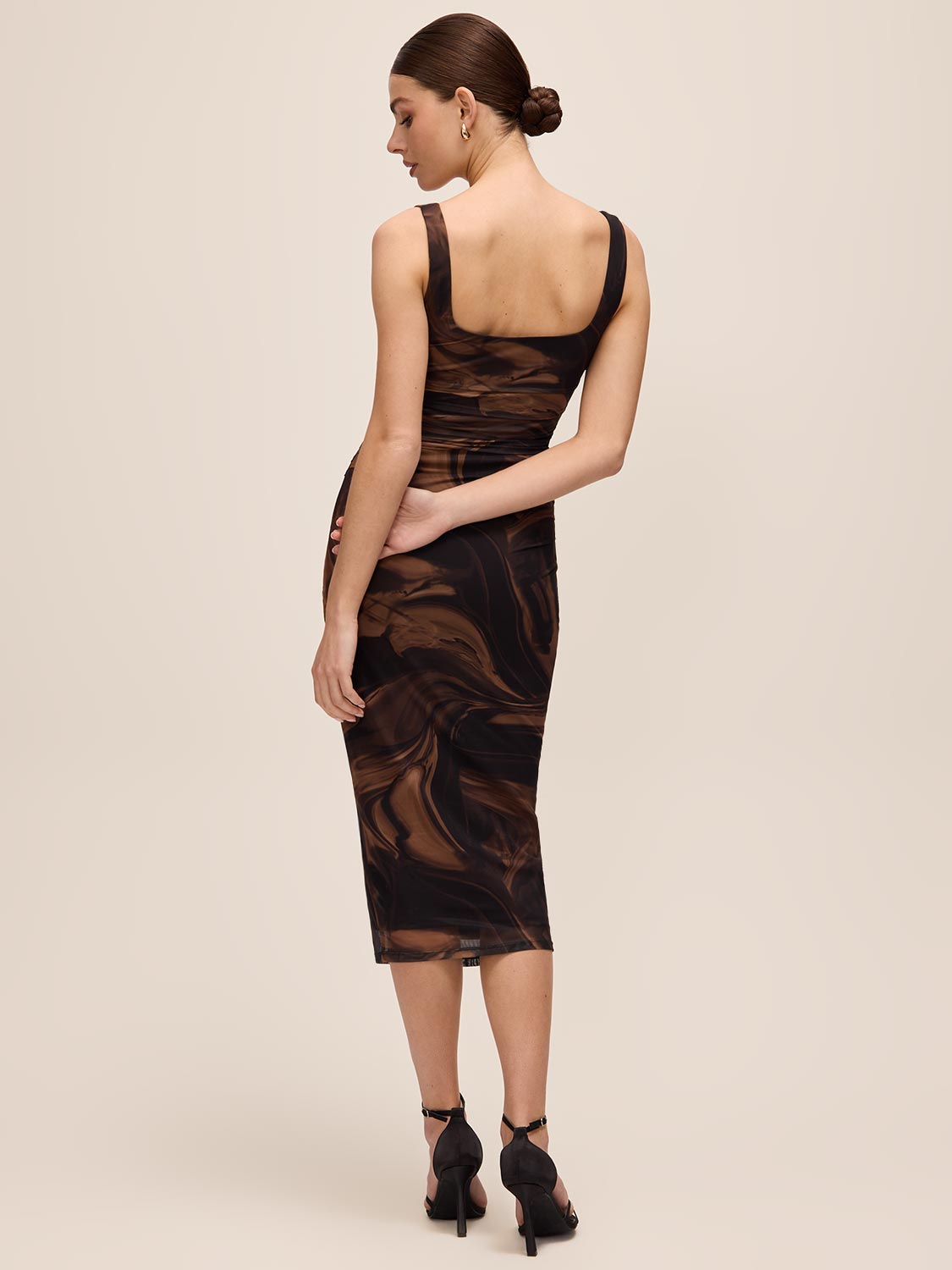 Toffee and Black Ruched Floral Print Midi Dress - Back View - Le Chateau