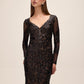 Black/Nude Leaf Pattern Sequin V-Neck Gown - Front View - Le Chateau