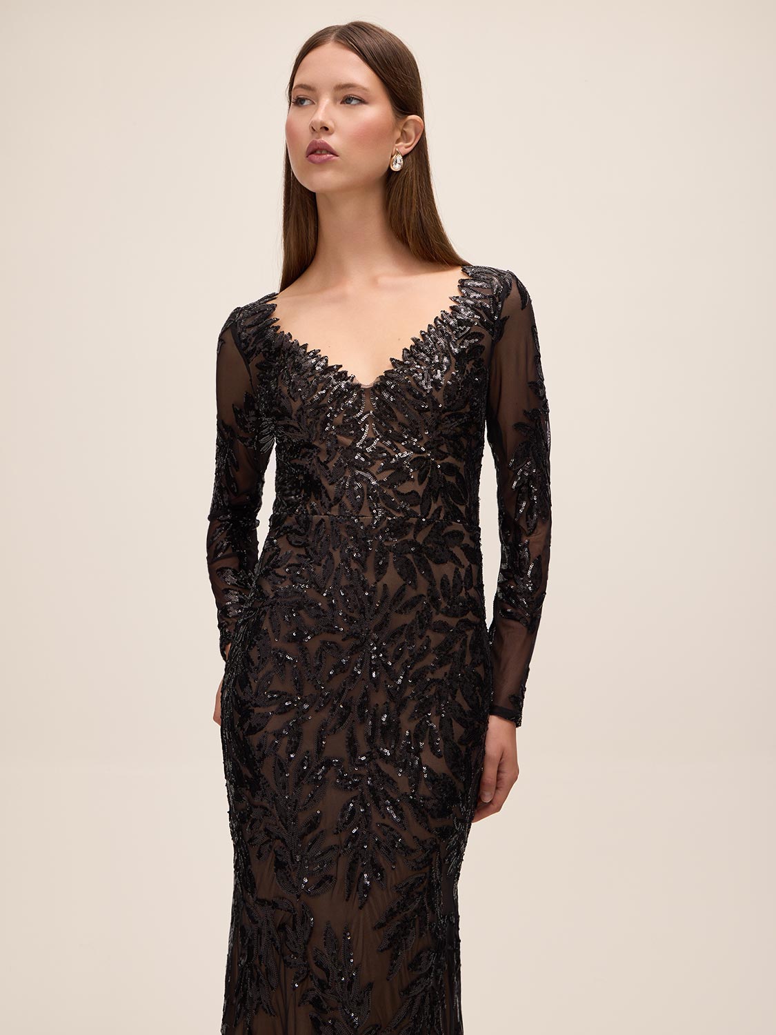 Black/Nude Leaf Pattern Sequin V-Neck Gown - Front View - Le Chateau