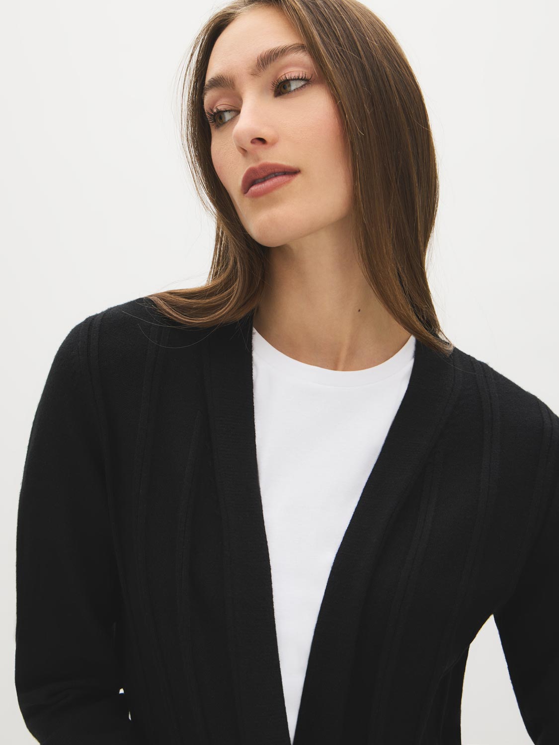 Black Ribbed Knit Duster Sweater - Close-up Fabric Detail - Suzy Shier
