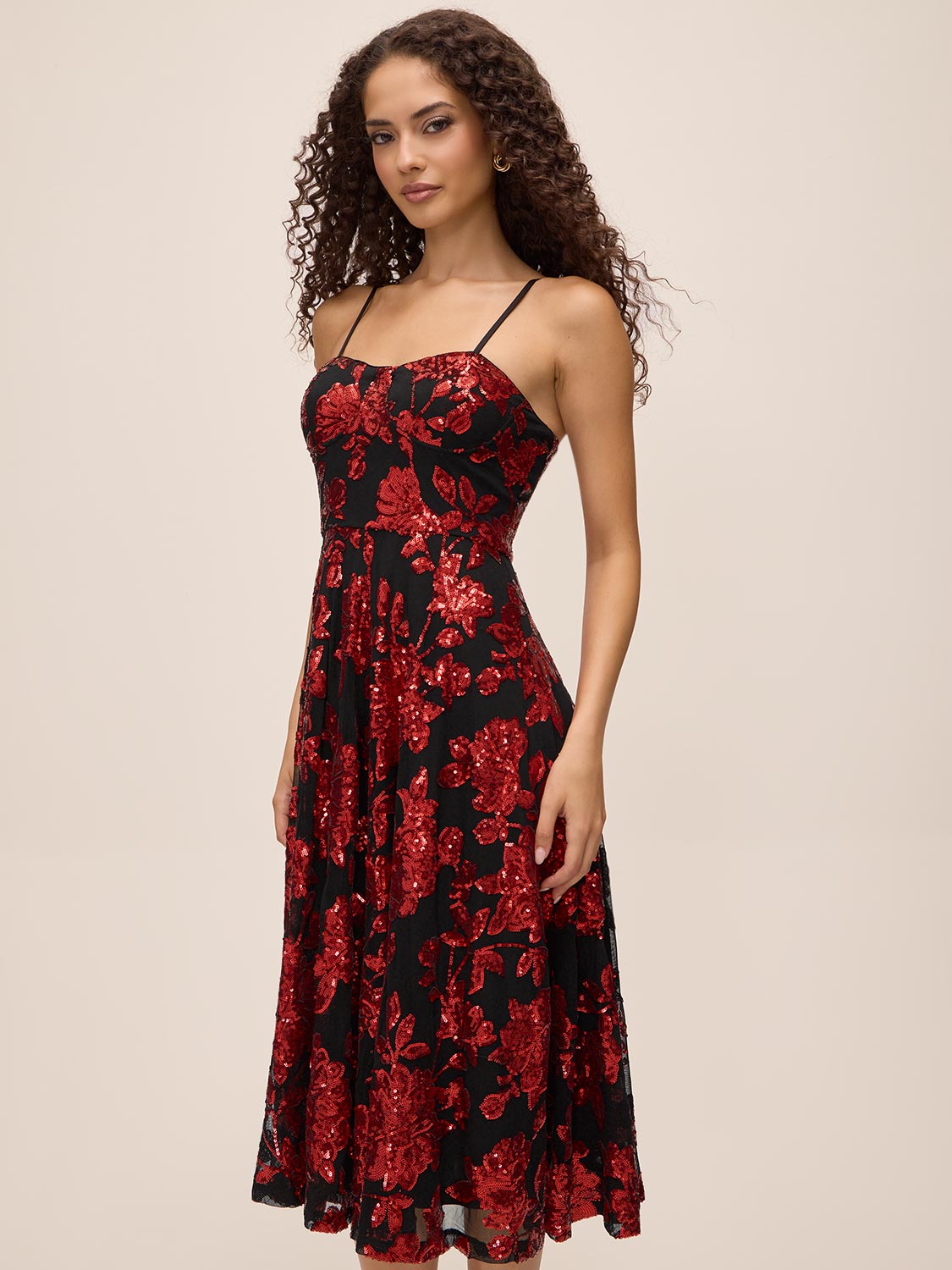 Red/Black Sequin Floral Mesh Bustier Midi Dress - Front View - Le Chateau