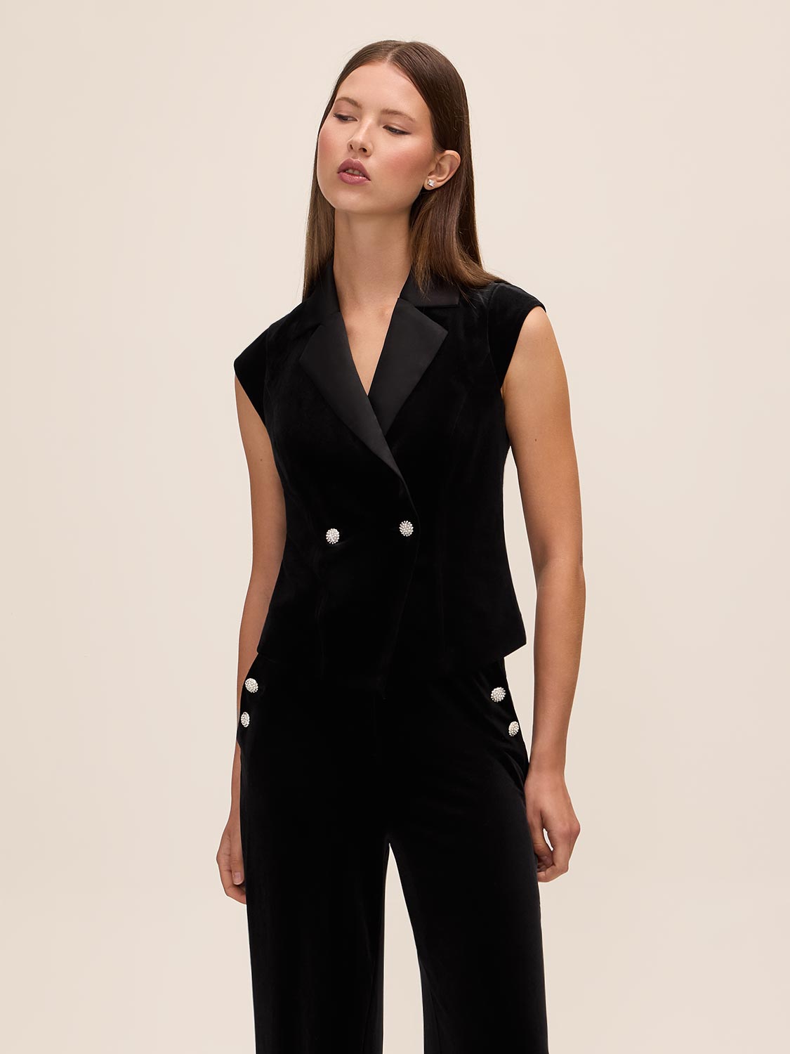 Black Tuxedo Velour Vest with Crystal Buttons - Front View - Le Chateau