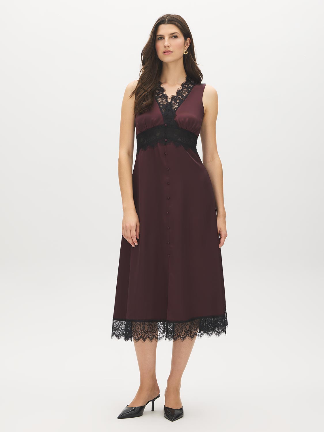 Dark Raisin Satin Lace-Trim Midi Dress - Woman Wearing V-Neck Sleeveless Dress - Suzy Shier