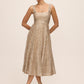 Gold Sequin Fit & Flare Midi Dress with Pleating - Woman Wearing Sleeveless Evening Dress - Le Chateau