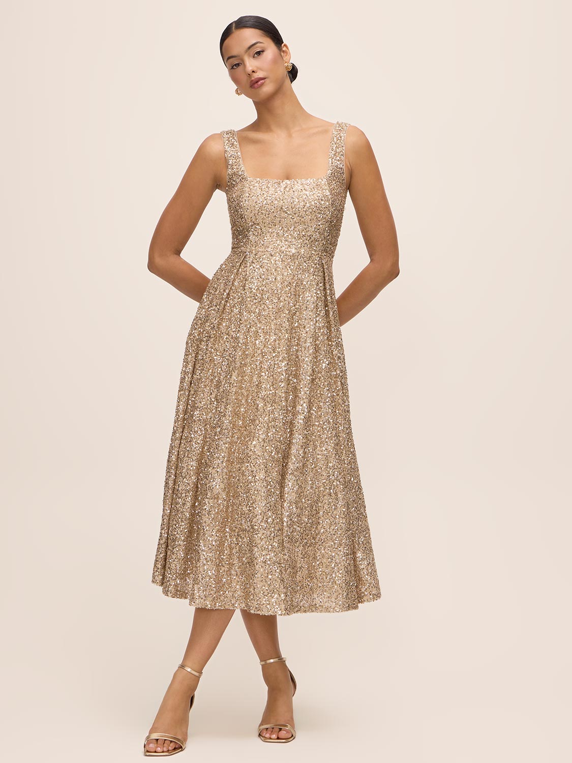 Gold Sequin Fit & Flare Midi Dress with Pleating - Woman Wearing Sleeveless Evening Dress - Le Chateau