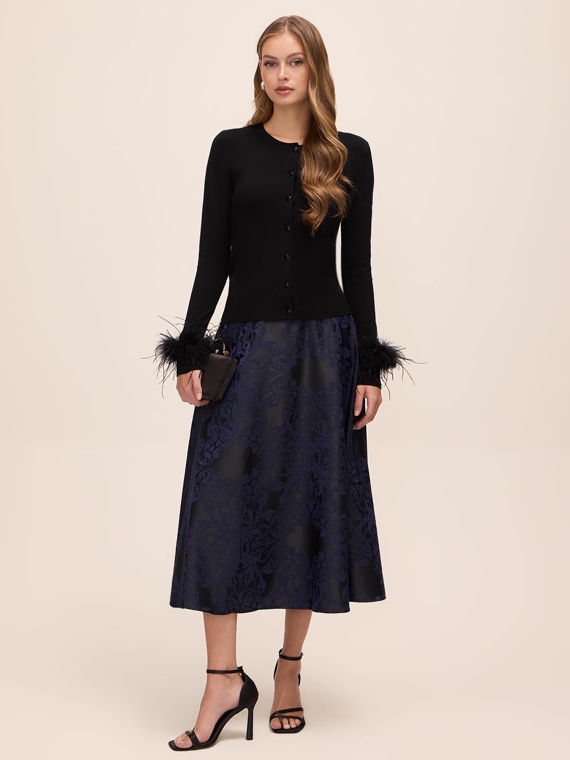 Black Feather Cuff Cardigan - Front View - Le Chateau