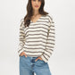 Winter White/Coffee Bean Striped V-Neck Boxy Jersey Top - Woman Wearing Long Sleeve Knit Top - Suzy Shier