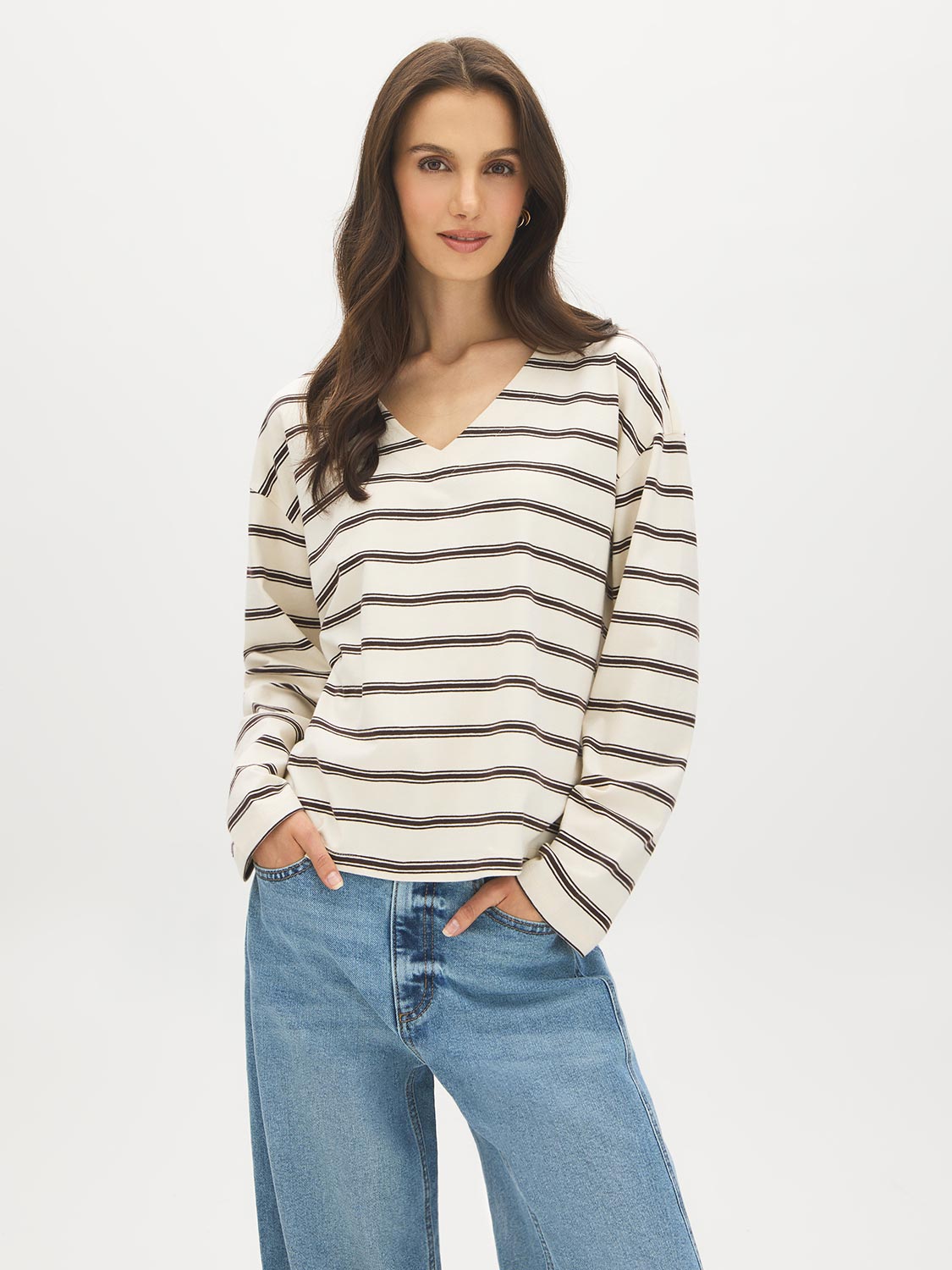 Winter White/Coffee Bean Striped V-Neck Boxy Jersey Top - Woman Wearing Long Sleeve Knit Top - Suzy Shier