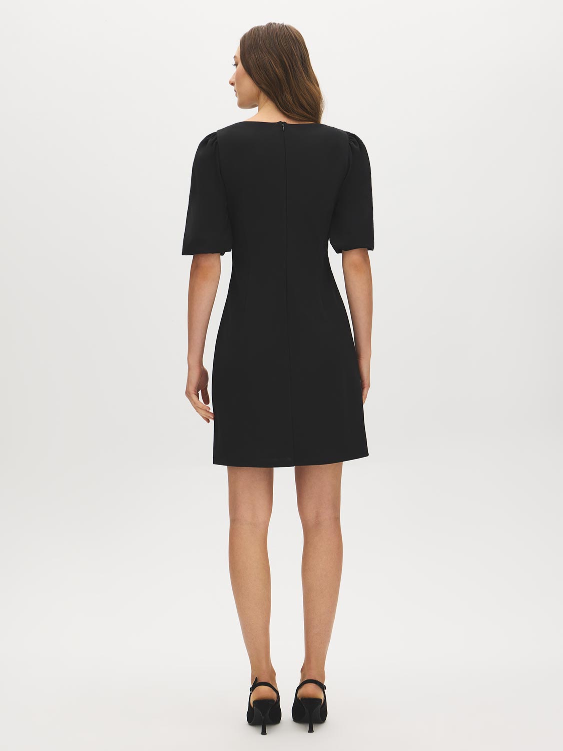 Black Sequined Boat Neck Mini Dress with Puff Sleeves - Back View - Suzy Shier