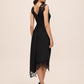 Black Satin Midi Dress with Illusion Lace Inserts - Back View - Le Chateau