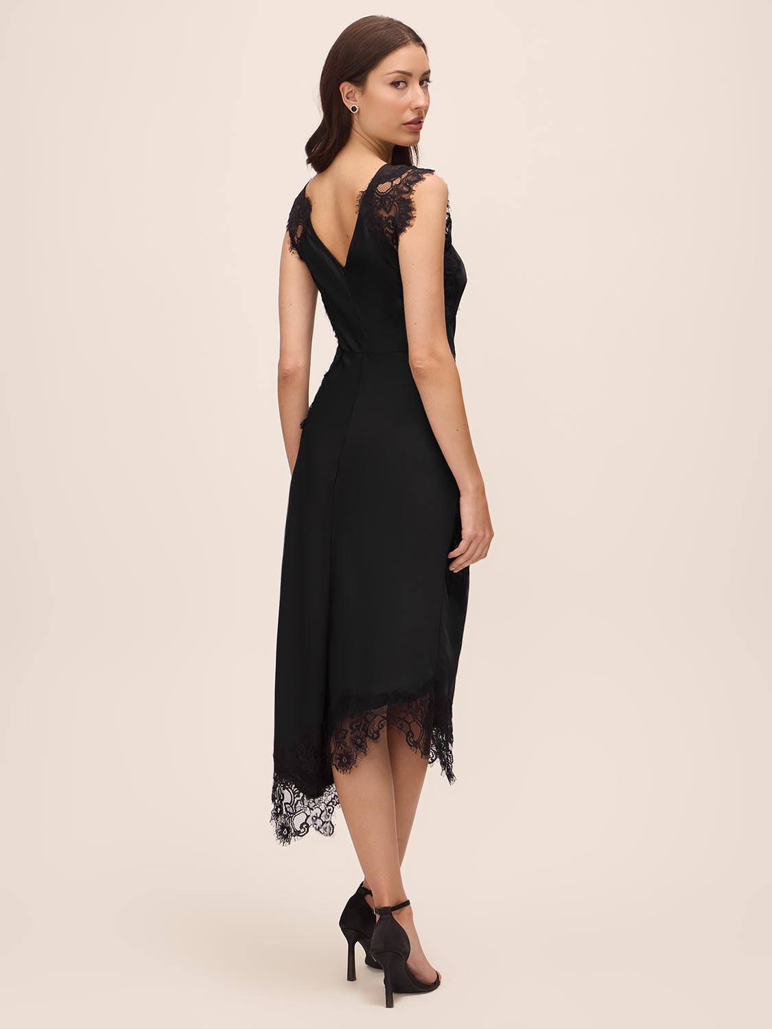 Black Satin Midi Dress with Illusion Lace Inserts - Back View - Le Chateau