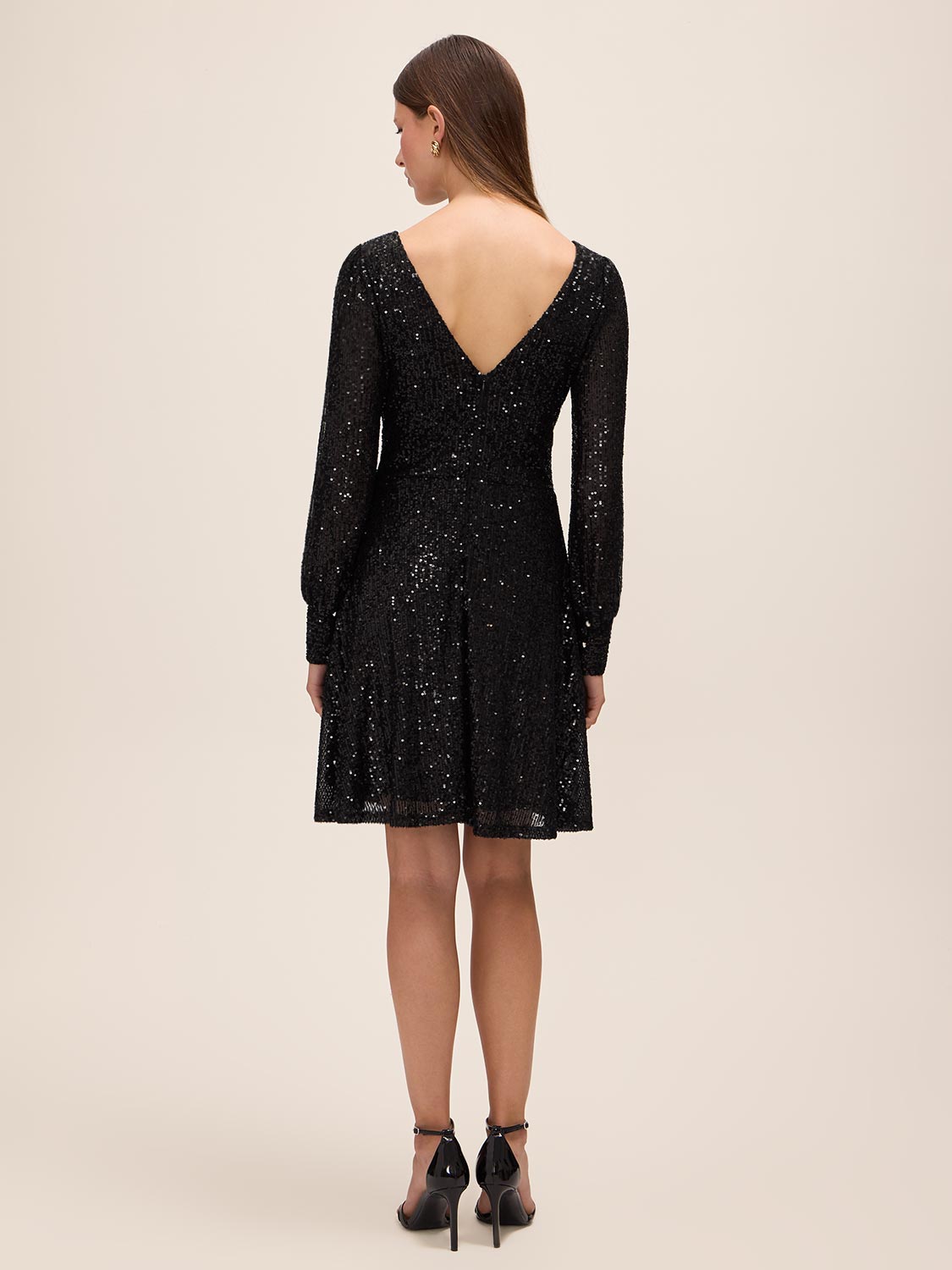 Black Sequin V-Neck Fit and Flare Mini Dress - Back View - Le Chateau