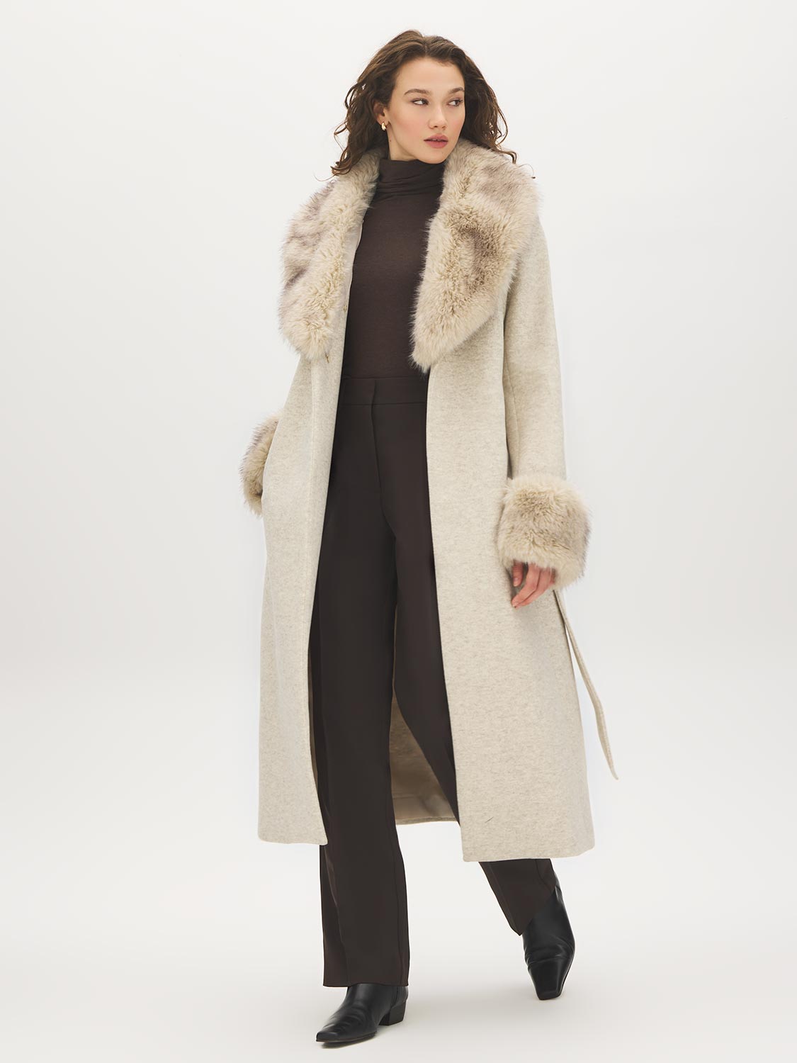 Dark Brown Melange Long Belted Faux Wool Coat - Front View - Suzy Shier