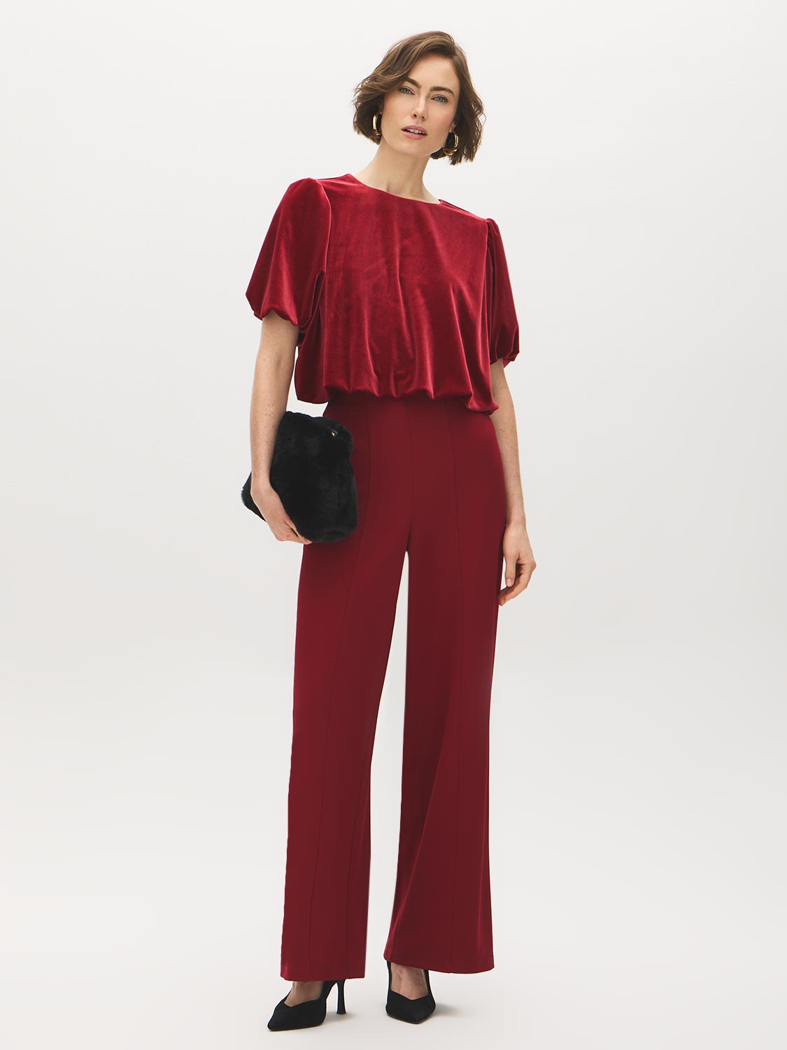 Lipstick Velvet Cropped Top with Balloon Sleeves - Woman Wearing Luxe Velvet Blouse - Suzy Shier