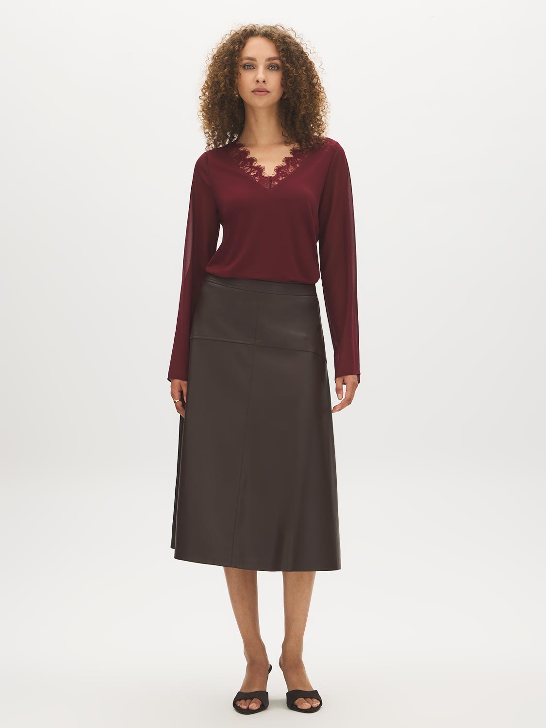 Bison V-Neck Top with Chiffon Sleeves and Lace Trim - Front View - Suzy Shier