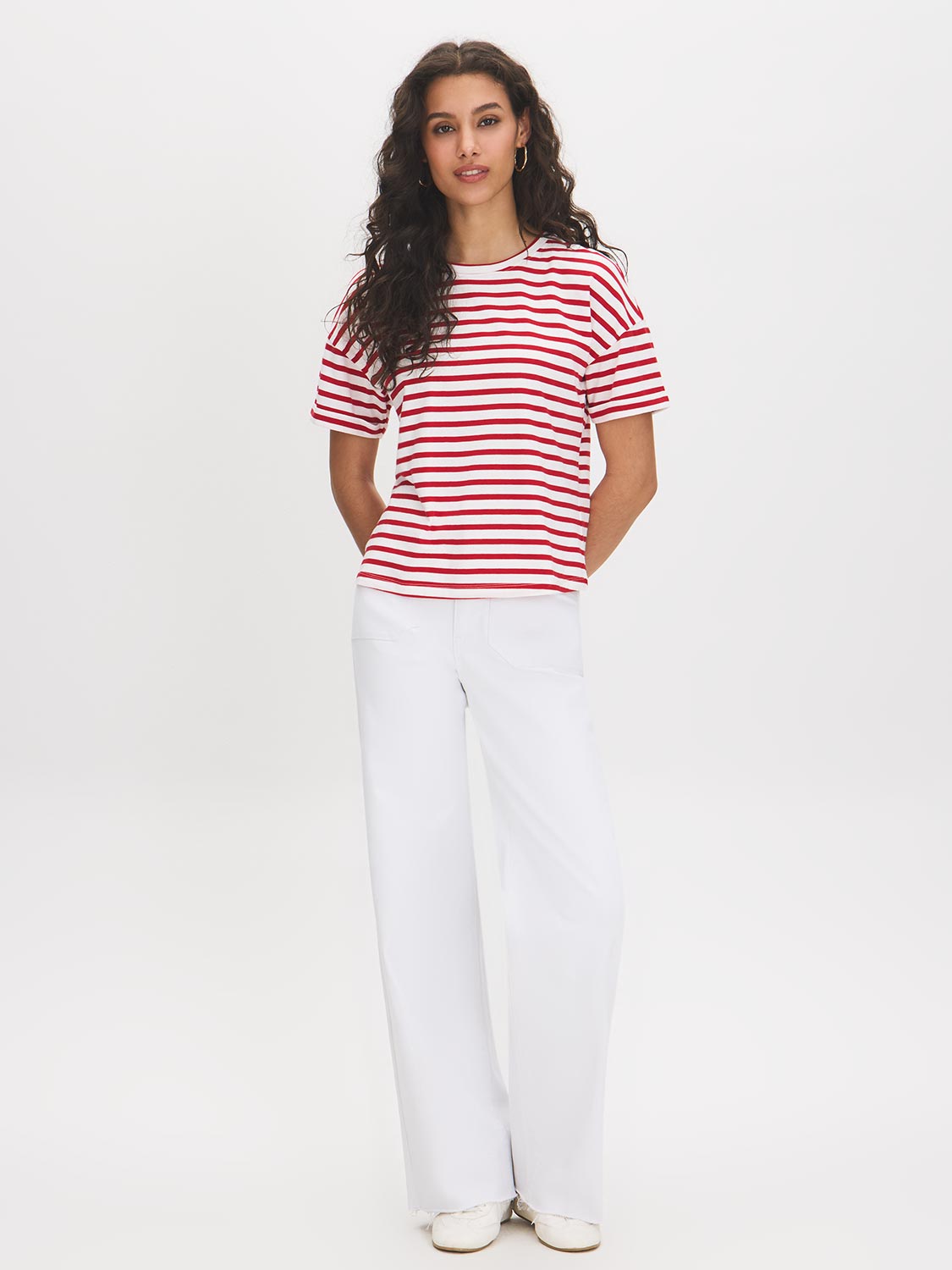 Jester Red Stripe Cotton Crew Neck Tee - Woman Wearing Loose-Fit Striped Top - Suzy Shier