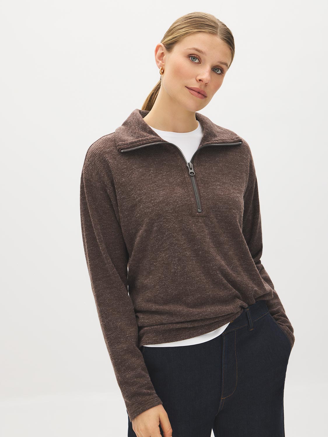 Coffee Bean Fluffy Rib Knit Top with Half Zip - Woman Wearing Soft Sweater Knit - Suzy Shier