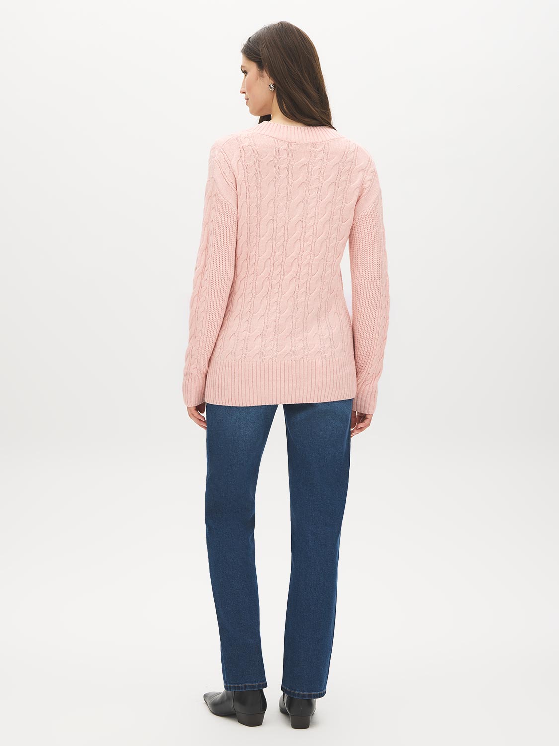 Uni Pink V-Neck Cable Knit Sweater - Back View - Suzy Shier