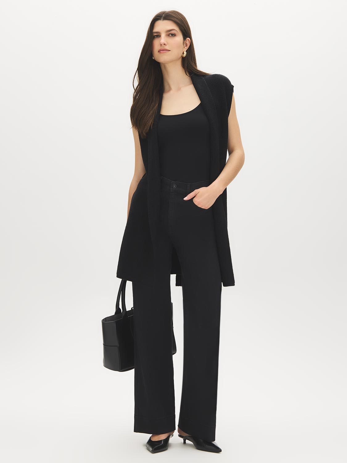 Black Sleeveless Ribbed Sweater Vest with Tie - Front View - Suzy Shier