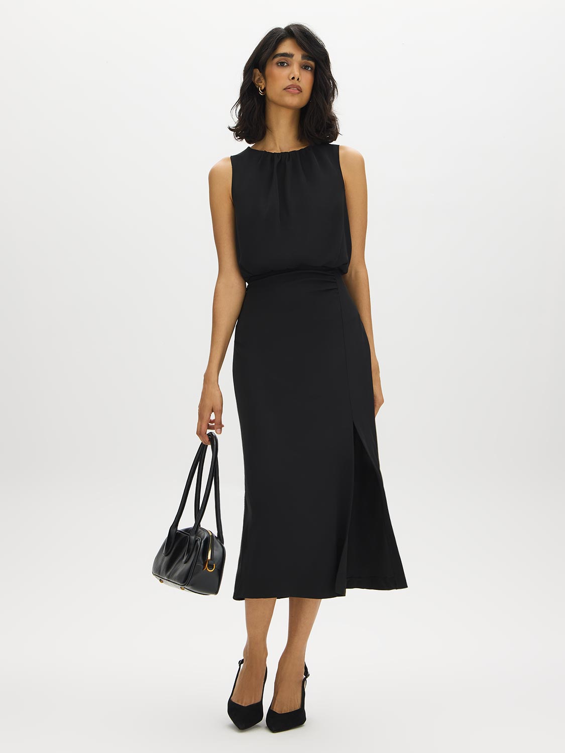 Black Blouson Top Dress with Front Slit - Full Front View - Suzy Shier