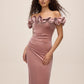 Pink Dust Off-Shoulder Foiled Velour Sheath Dress - Front View - Le Chateau