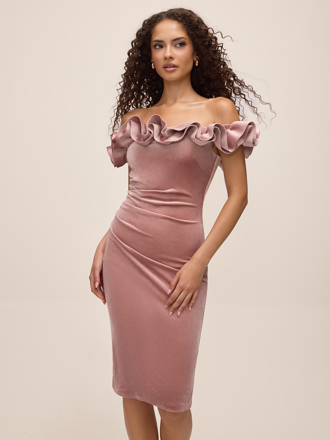 Pink Dust Off-Shoulder Foiled Velour Sheath Dress - Front View - Le Chateau