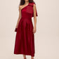 Lipstick Red Satin Bow One-Shoulder Velour Top - Woman Wearing Elegant Evening Top - Le Chateau