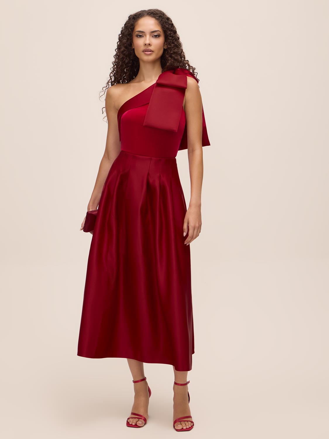 Lipstick Red Satin Bow One-Shoulder Velour Top - Woman Wearing Elegant Evening Top - Le Chateau