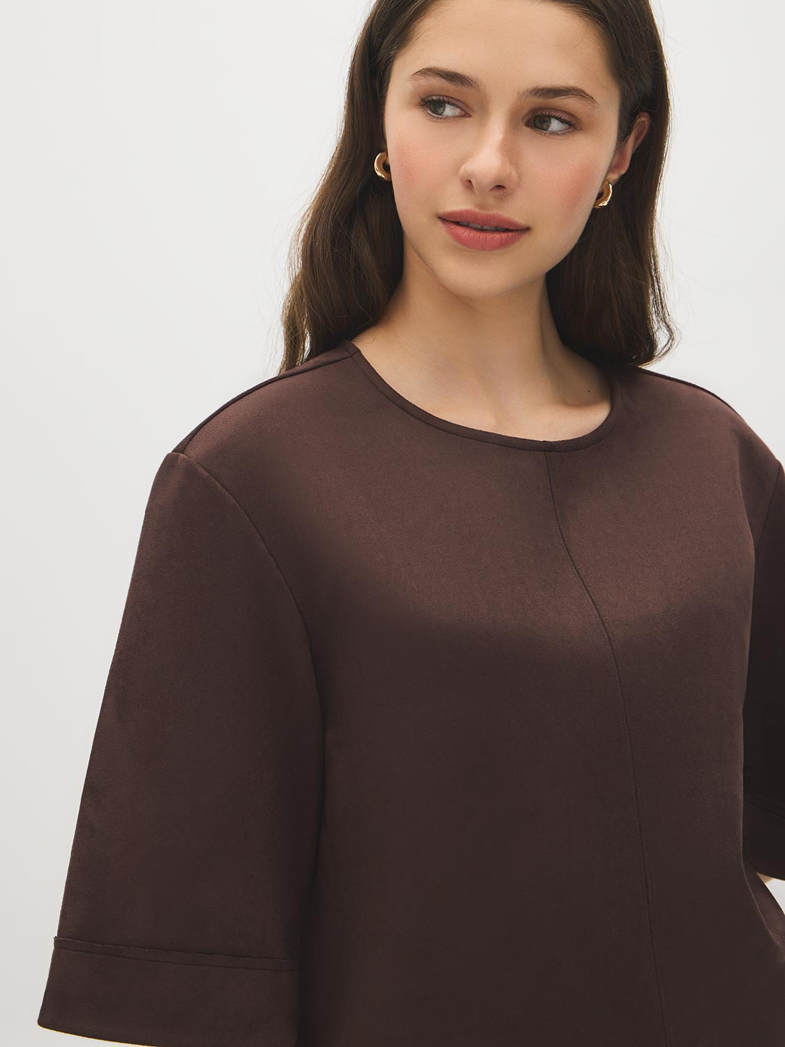 Coffee Bean Faux Suede Boxy Top - Close-up Fabric Detail - Suzy Shier