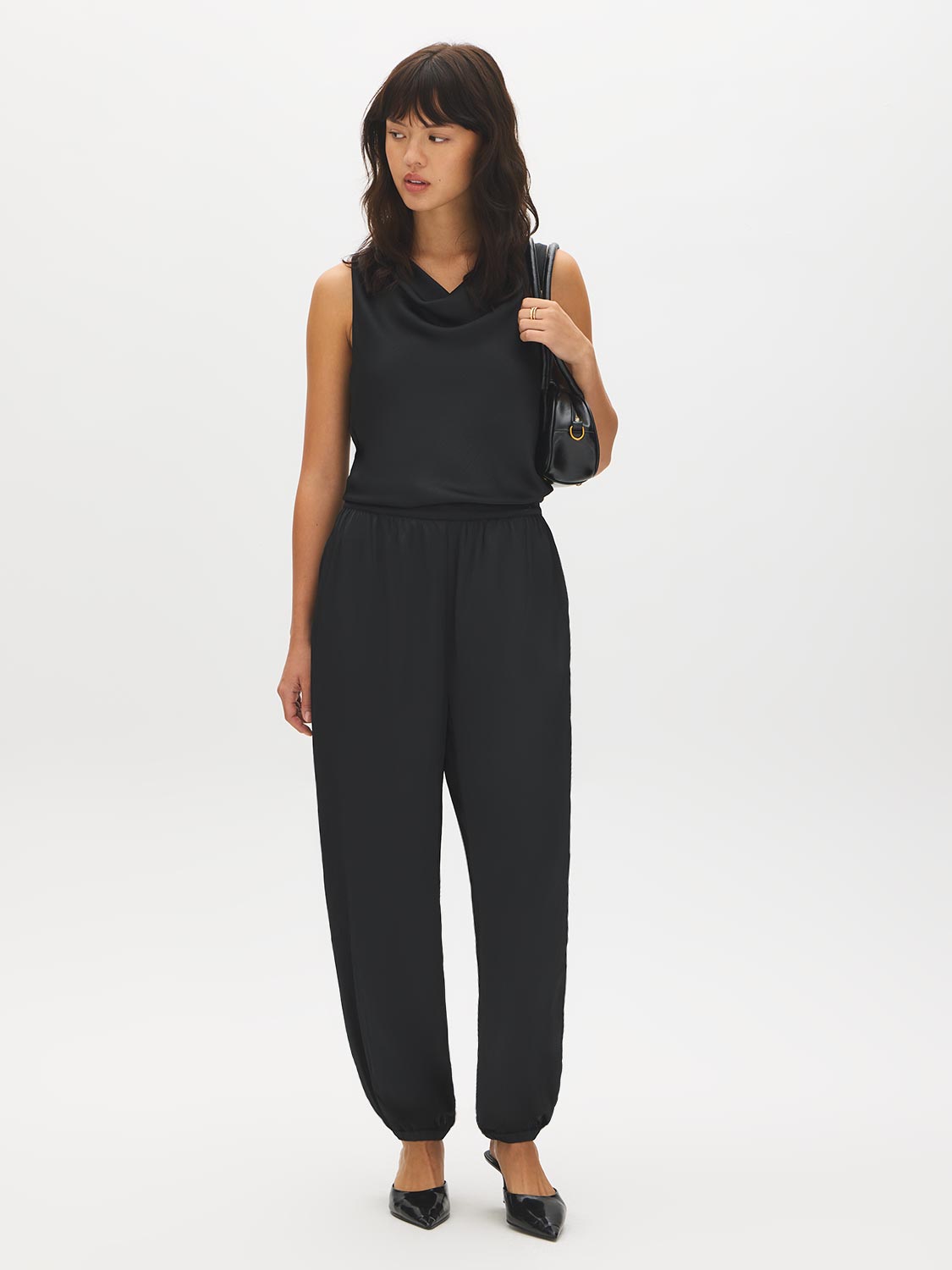 Black Crinkle Satin Draped Halter Top - Front View - Suzy Shier