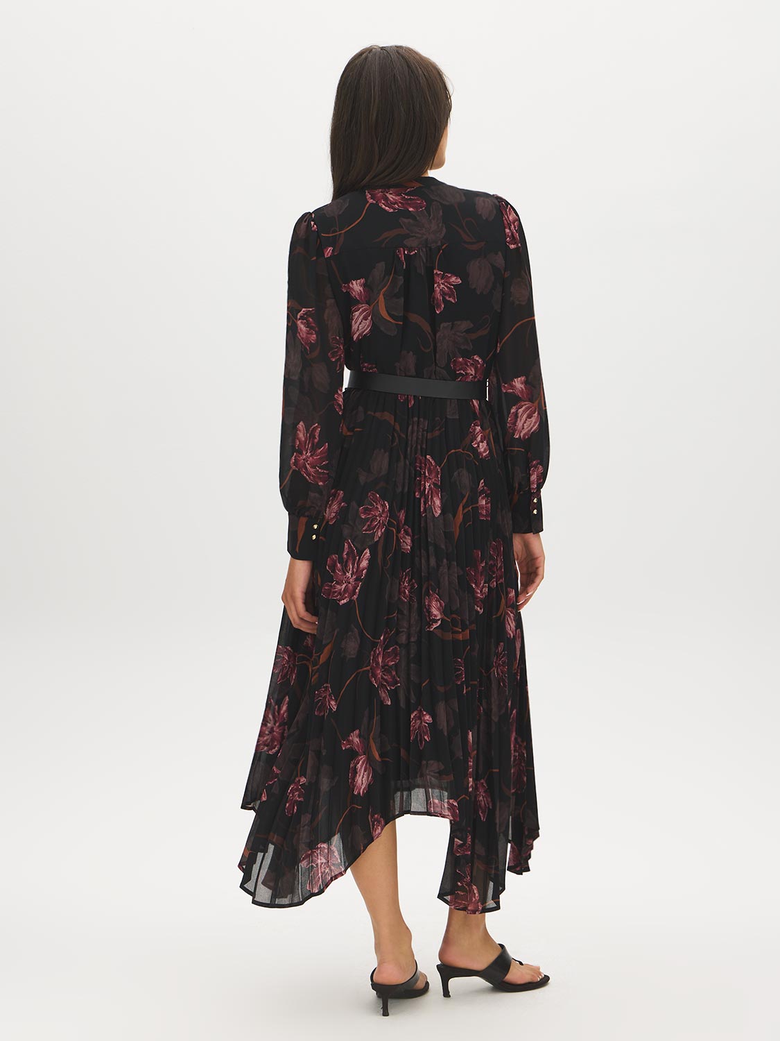 Jet Black Floral Print Chiffon Dress with Asymmetrical Skirt - Back View - Suzy Shier