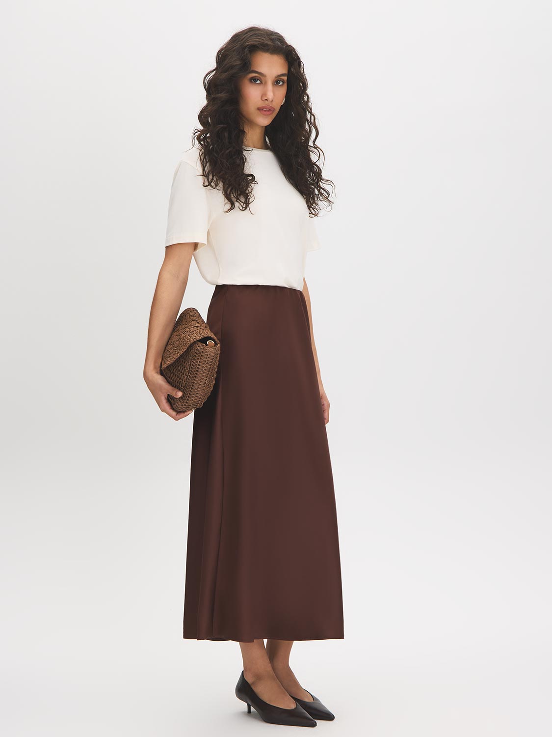 Milk Chocolate Satin Bias-Cut Pull-On Skirt - Woman Wearing Mid-Length Flowing Skirt - Suzy Shier
