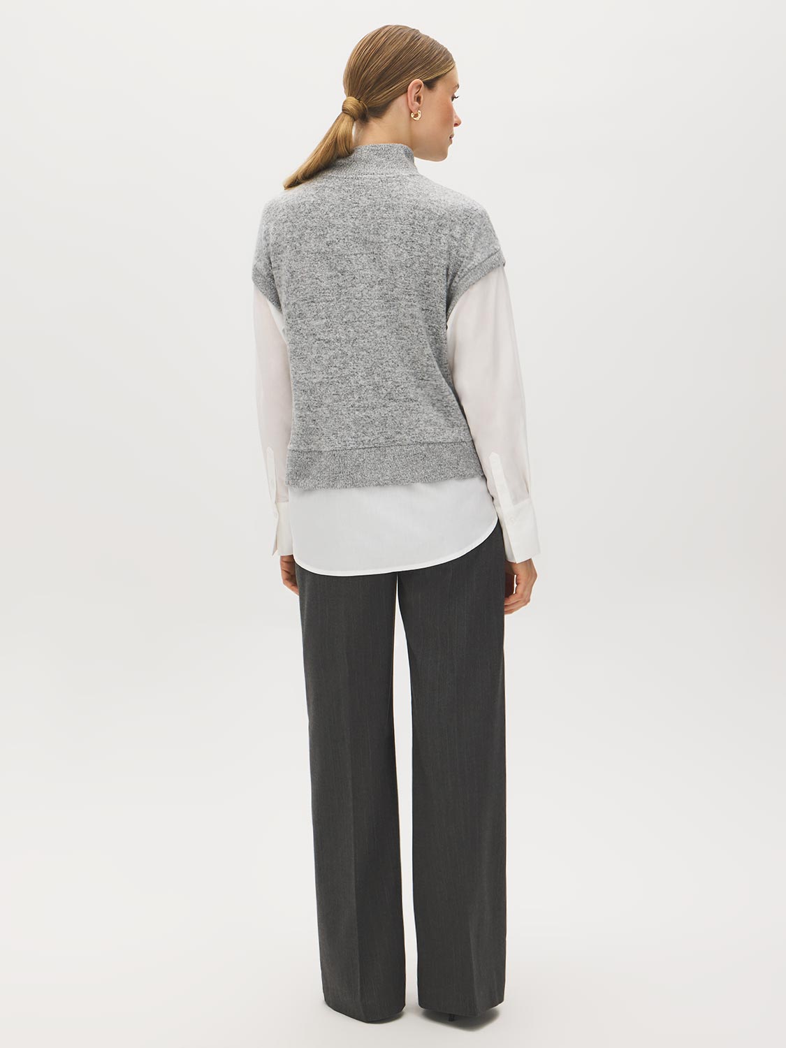 Grey Melange Mock Neck 2fer Knit Top with Poplin Sleeves - Back View - Suzy Shier