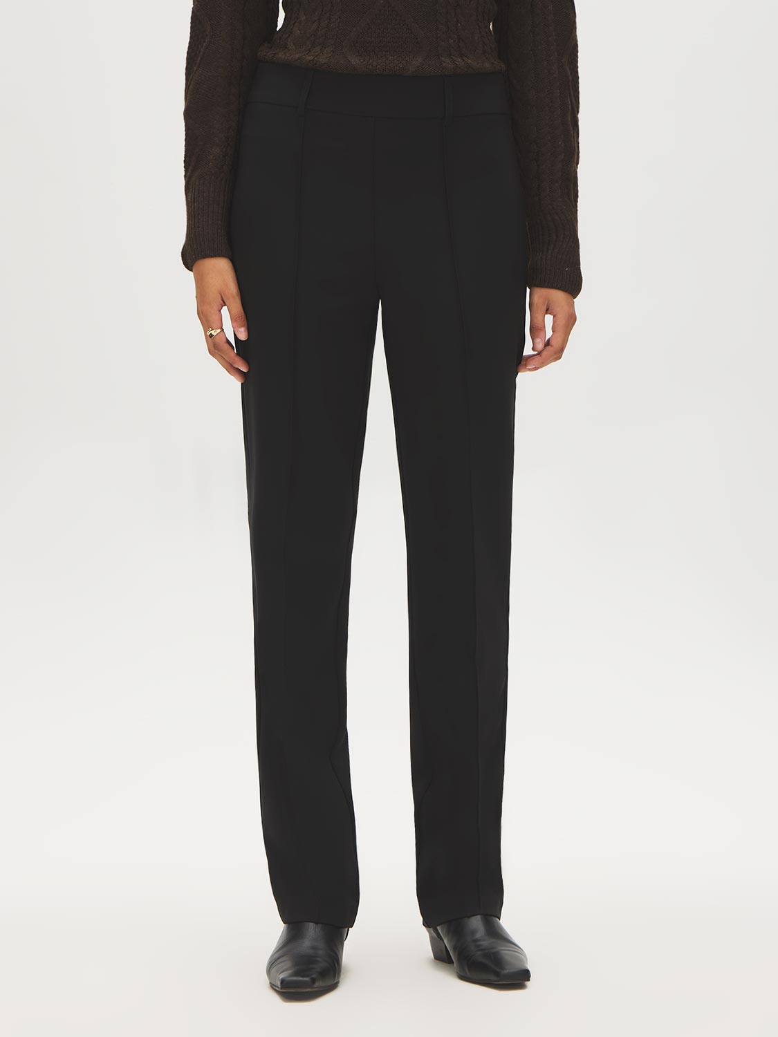 Black Pin Tuck Straight Leg Trousers - Front View - Suzy Shier