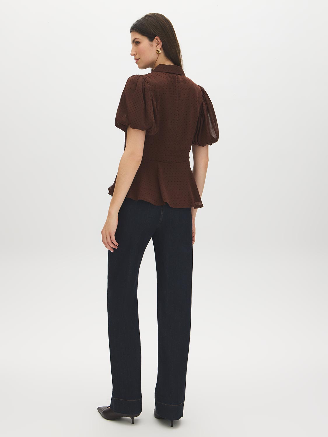 Milk Chocolate Textured Peplum Blouse with Puff Sleeves - Back View - Suzy Shier
