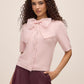 Pink Dust Short Sleeve Cardigan with Organza Bow - Woman Wearing Knit Sweater - Le Chateau